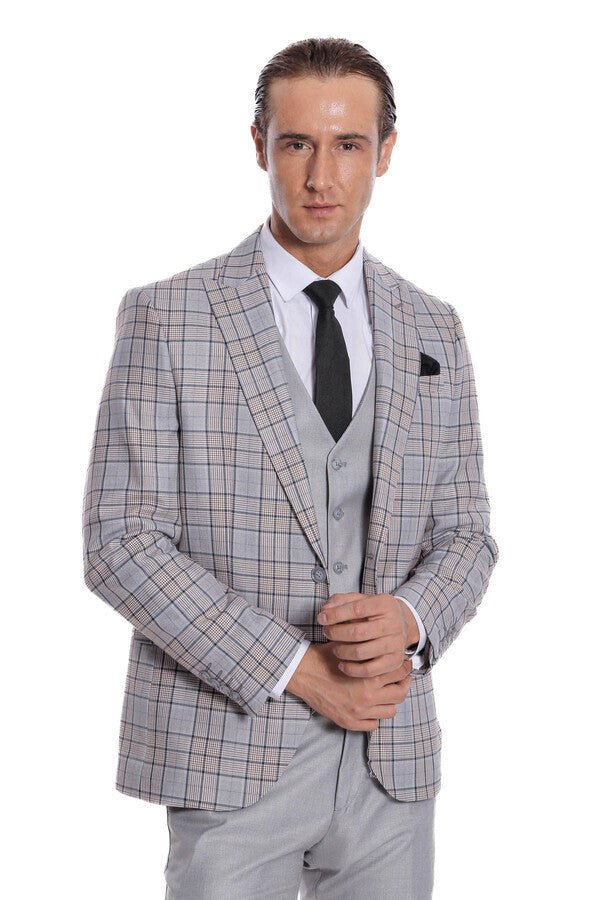 Checked Slim Fit Light Grey Men Suit