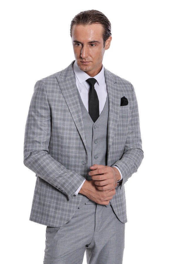 Checked Slim Fit Light Grey Men Suit