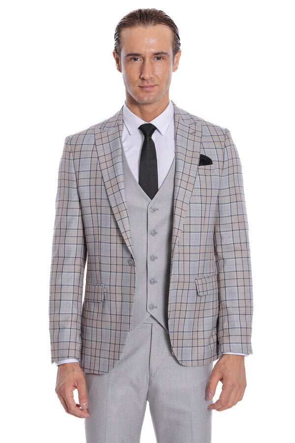 Checked Slim Fit Light Grey Men Suit