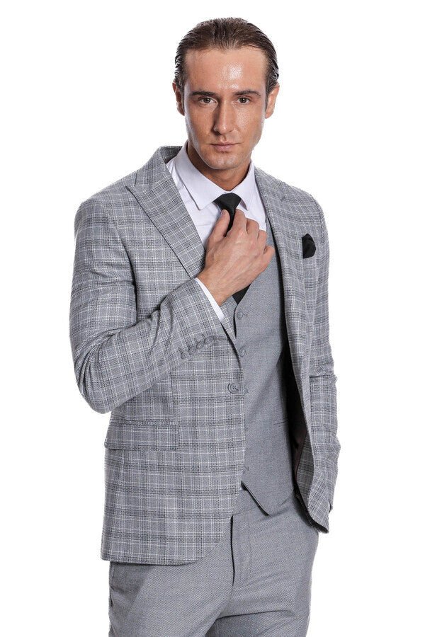 Checked Slim Fit Light Grey Men Suit