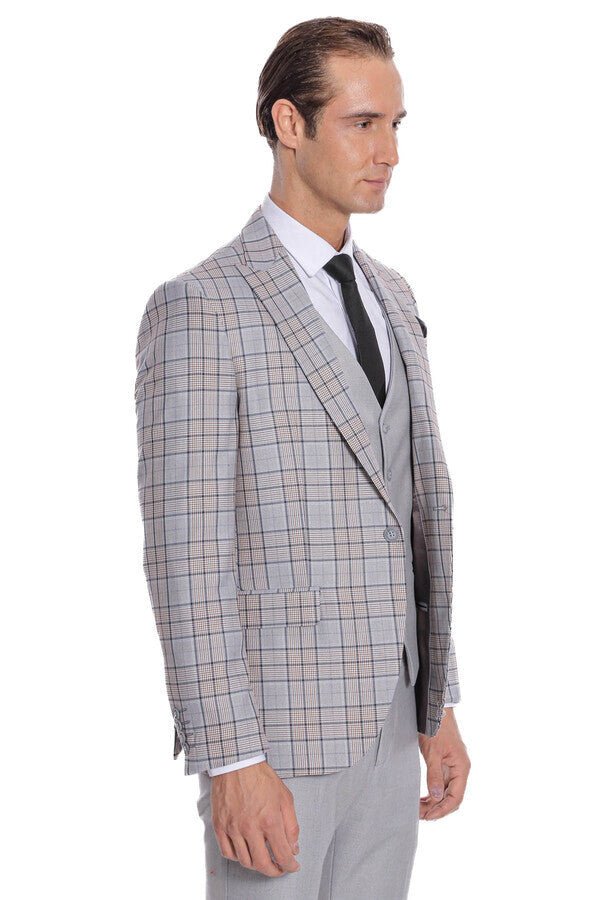 Checked Slim Fit Light Grey Men Suit