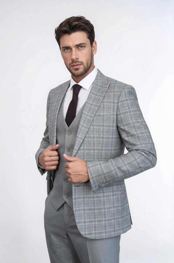 Checked Slim Fit Light Grey Men Suit