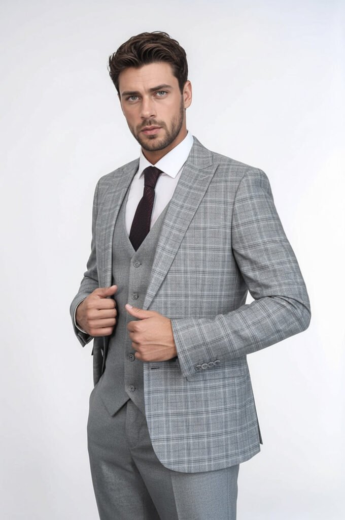Checked Slim Fit Light Grey Men Suit