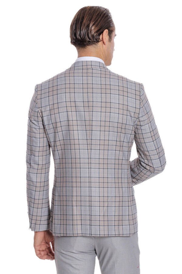 Checked Slim Fit Light Grey Men Suit