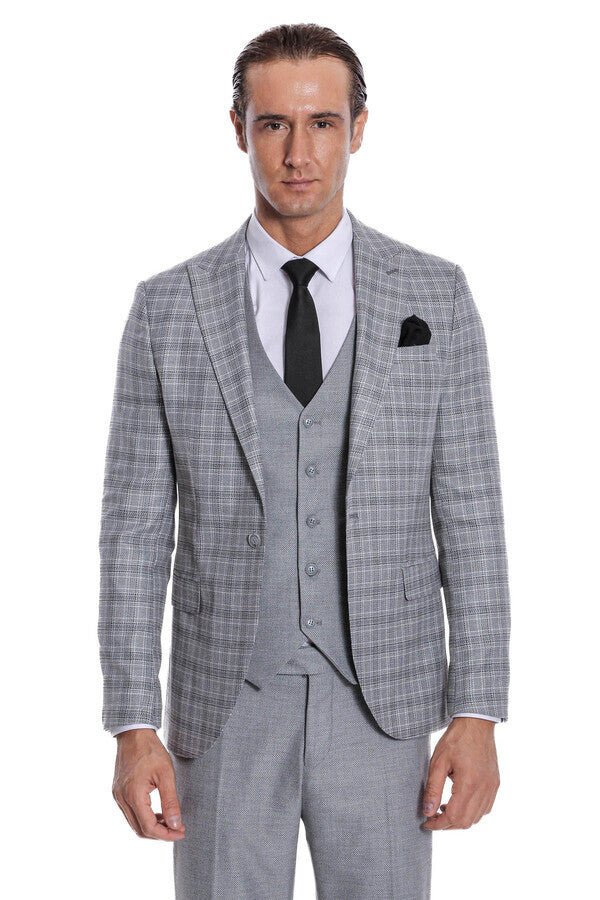 Checked Slim Fit Light Grey Men Suit