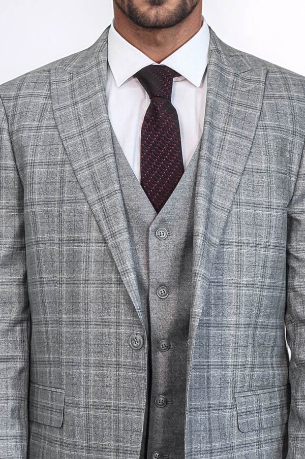 Checked Slim Fit Light Grey Men Suit