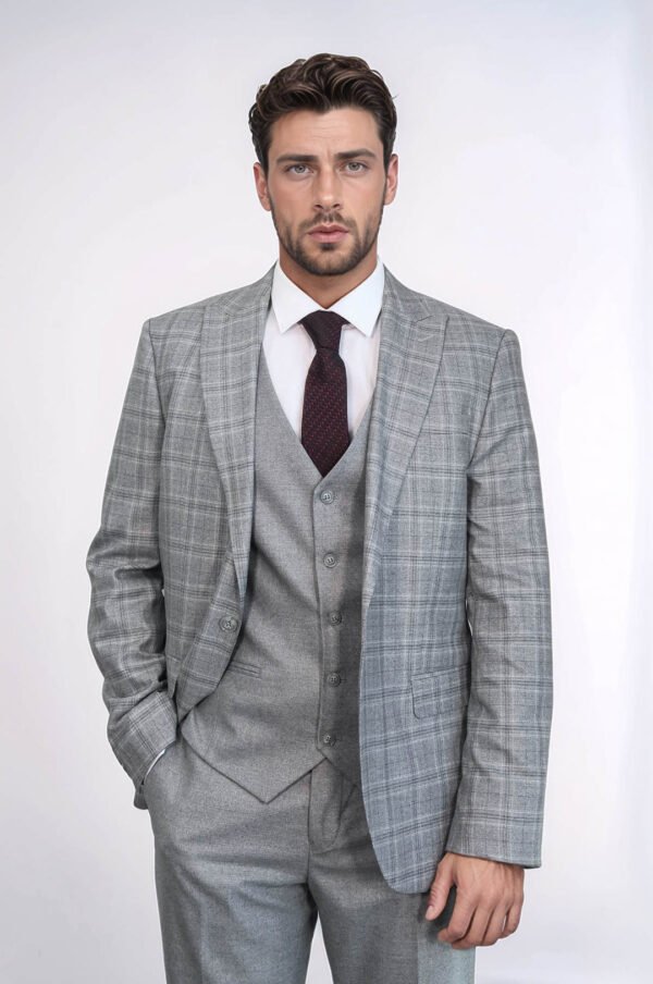 Checked Slim Fit Light Grey Men Suit