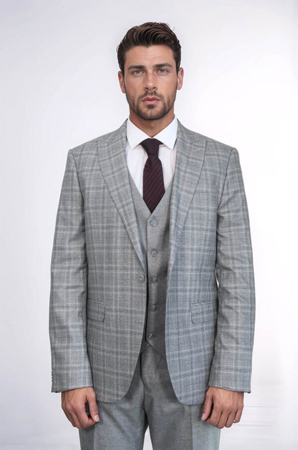 Checked Slim Fit Light Grey Men Suit