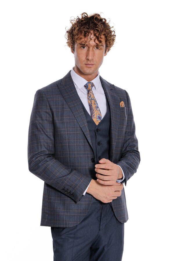 Checked Slim Fit Navy Blue Men Suit