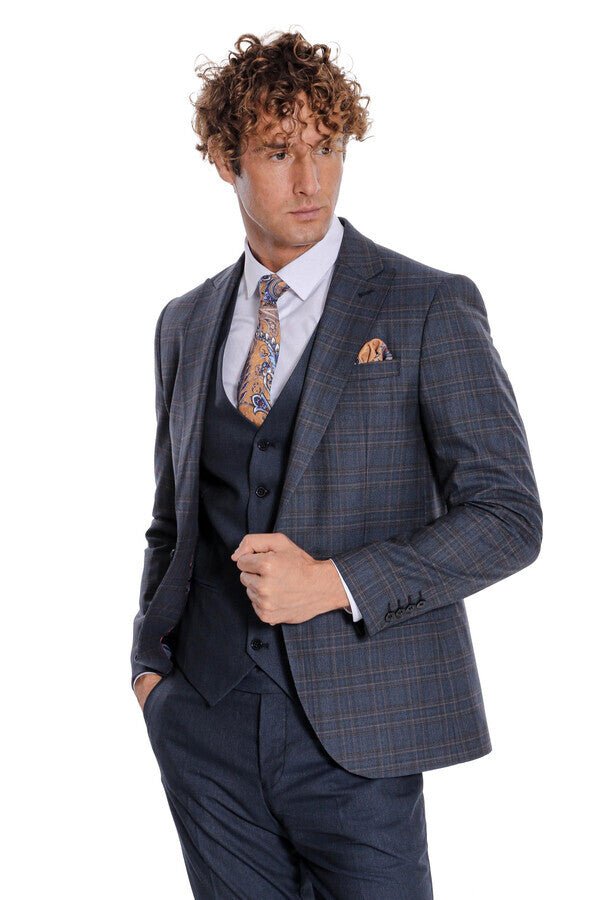 Checked Slim Fit Navy Blue Men Suit