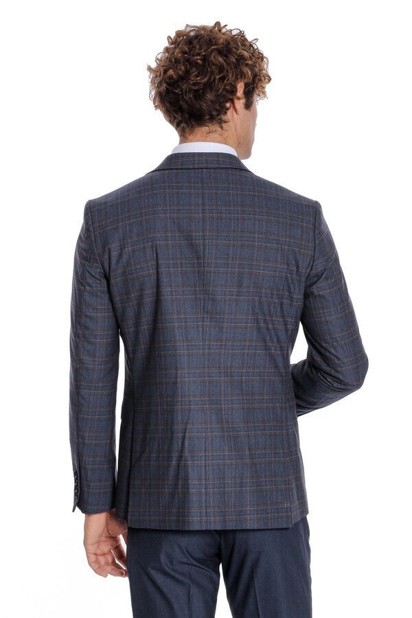 Checked Slim Fit Navy Blue Men Suit