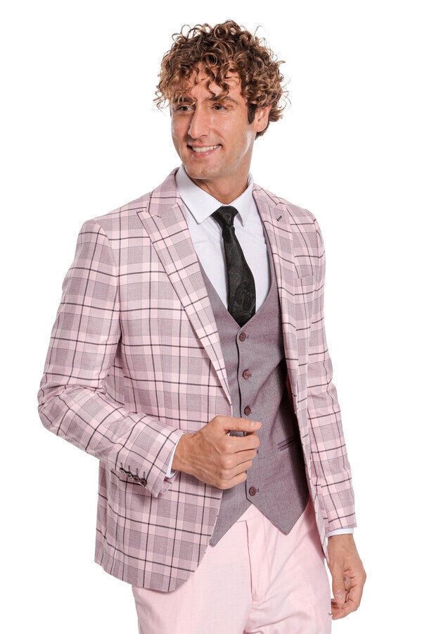 Checked Slim Fit Pink Men Suit