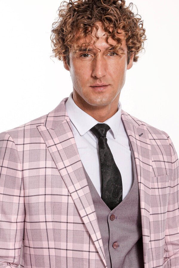 Checked Slim Fit Pink Men Suit
