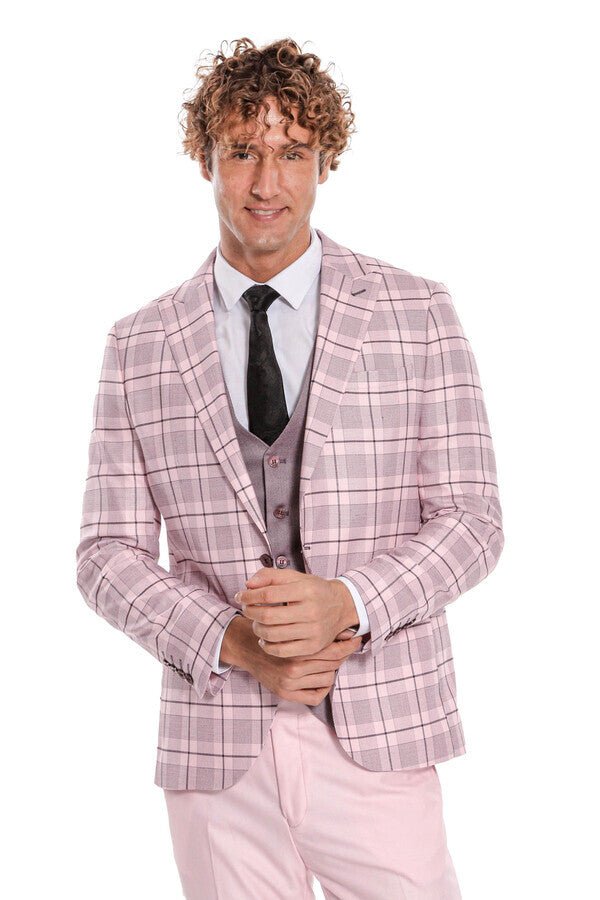 Checked Slim Fit Pink Men Suit