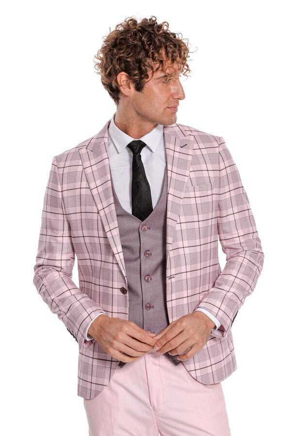 Checked Slim Fit Pink Men Suit