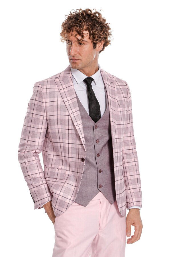 Checked Slim Fit Pink Men Suit