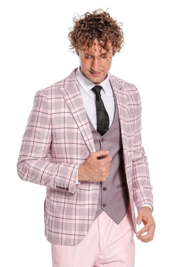 Checked Slim Fit Pink Men Suit