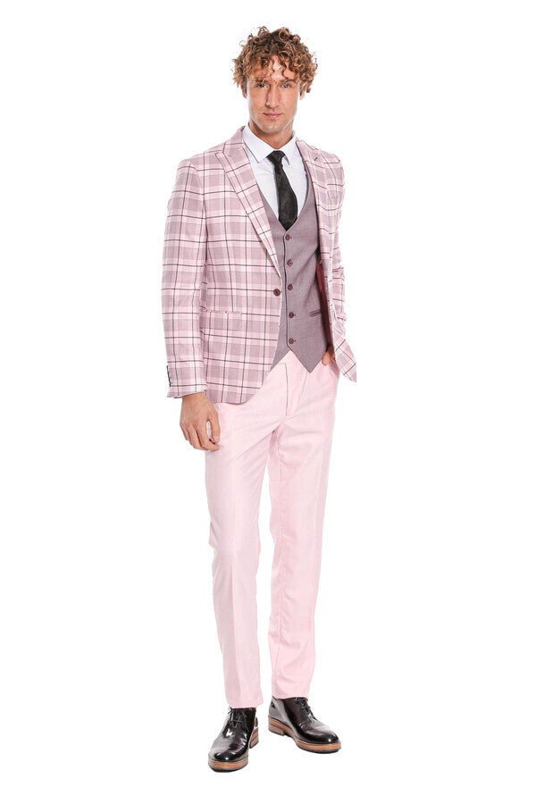 Checked Slim Fit Pink Men Suit