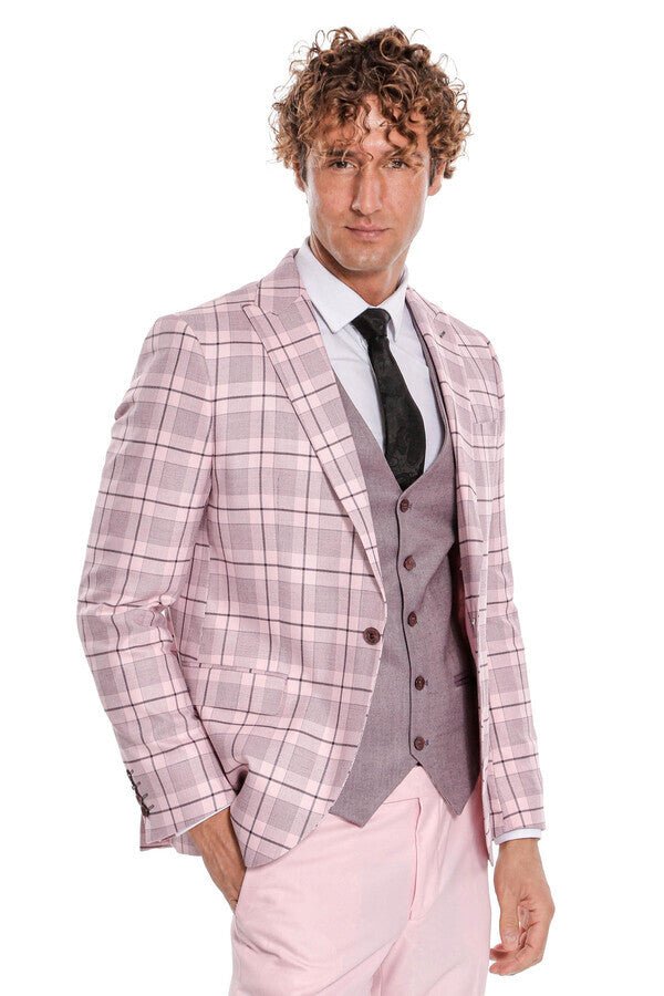 Checked Slim Fit Pink Men Suit