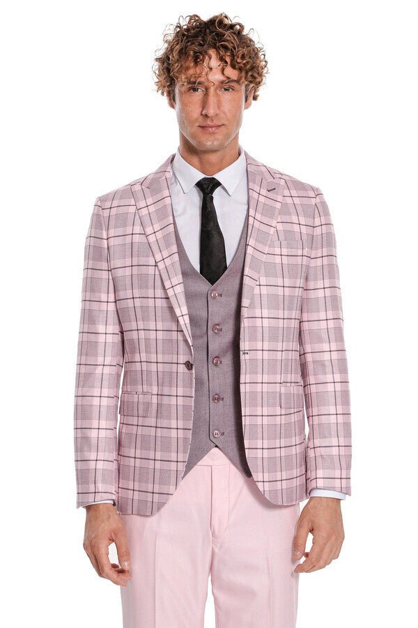 Checked Slim Fit Pink Men Suit