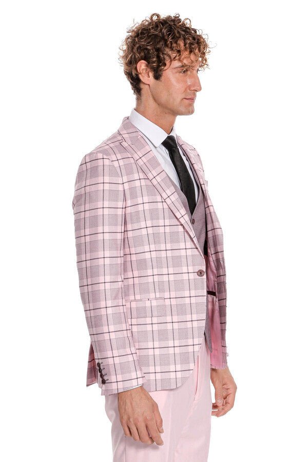 Checked Slim Fit Pink Men Suit