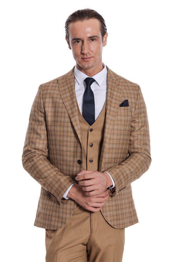 Checked Slim Fit Tan Men Suit