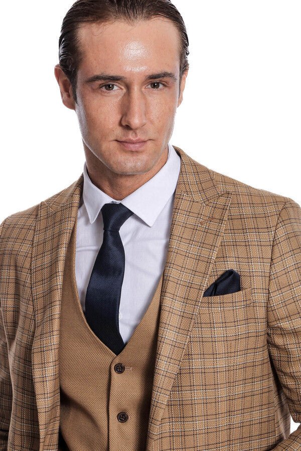 Checked Slim Fit Tan Men Suit