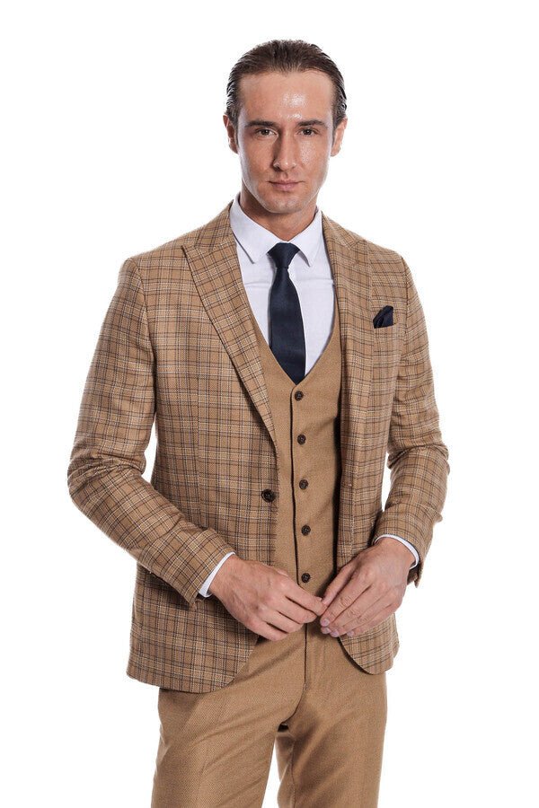 Checked Slim Fit Tan Men Suit