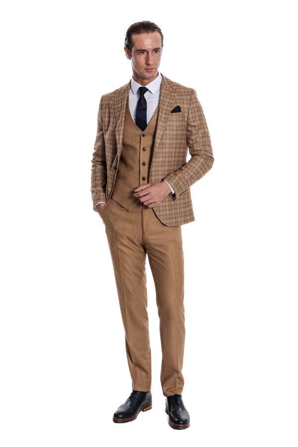 Checked Slim Fit Tan Men Suit