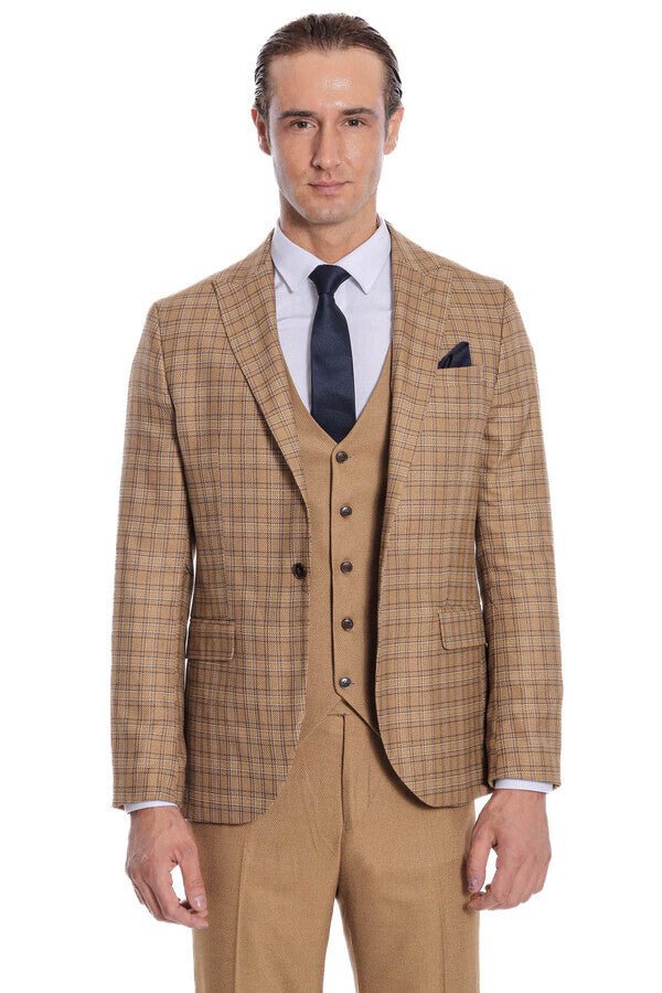 Checked Slim Fit Tan Men Suit