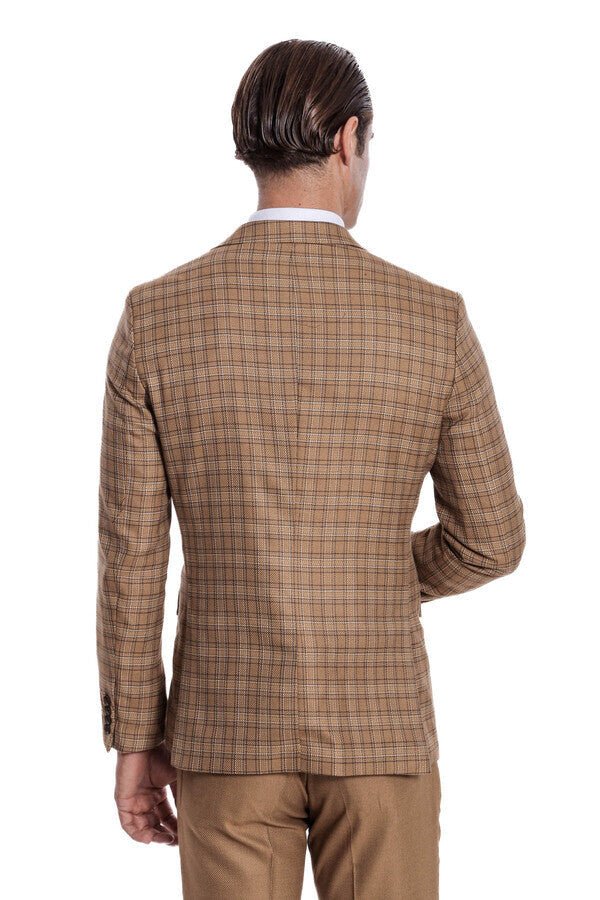 Checked Slim Fit Tan Men Suit