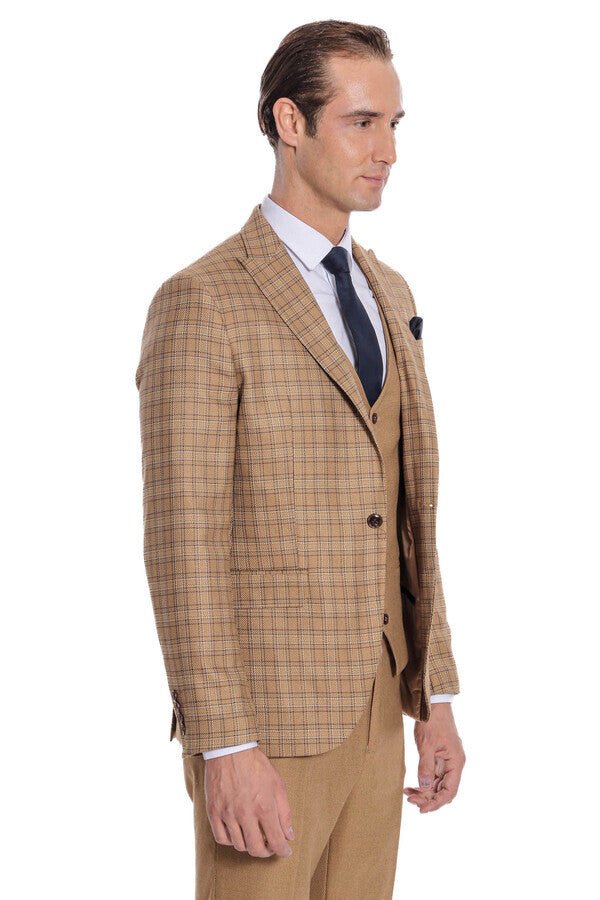 Checked Slim Fit Tan Men Suit
