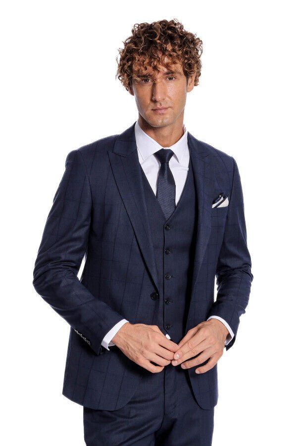 Checked Vested Slim Fit Navy Blue Men Suit