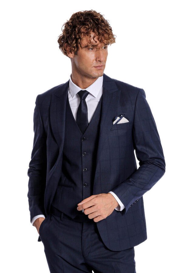 Checked Vested Slim Fit Navy Blue Men Suit