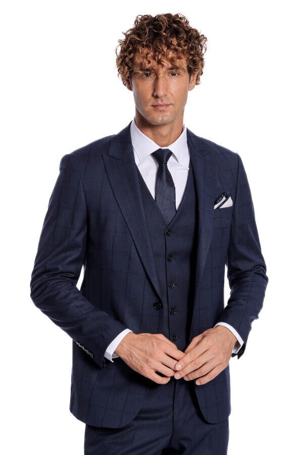 Checked Vested Slim Fit Navy Blue Men Suit