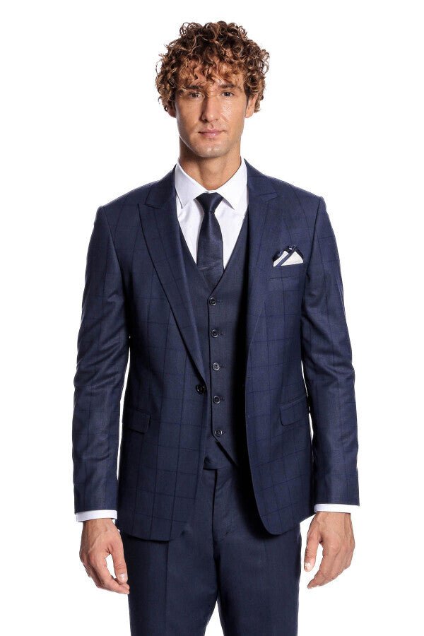 Checked Vested Slim Fit Navy Blue Men Suit