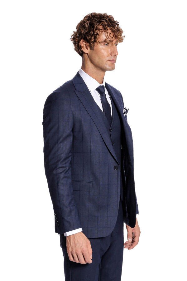 Checked Vested Slim Fit Navy Blue Men Suit