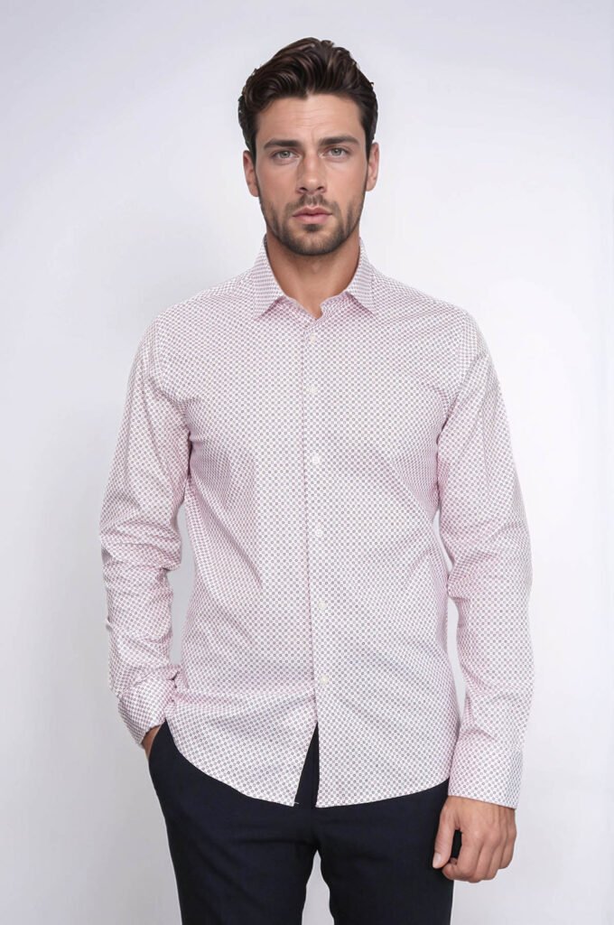 Claret Red Tiny Check Patterned Slim Fit Men Shirt