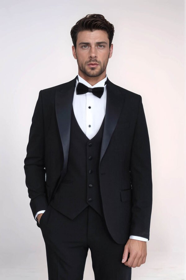 Classic Black Tuxedo Suit with Satin Peak Lapel and Waistcoat