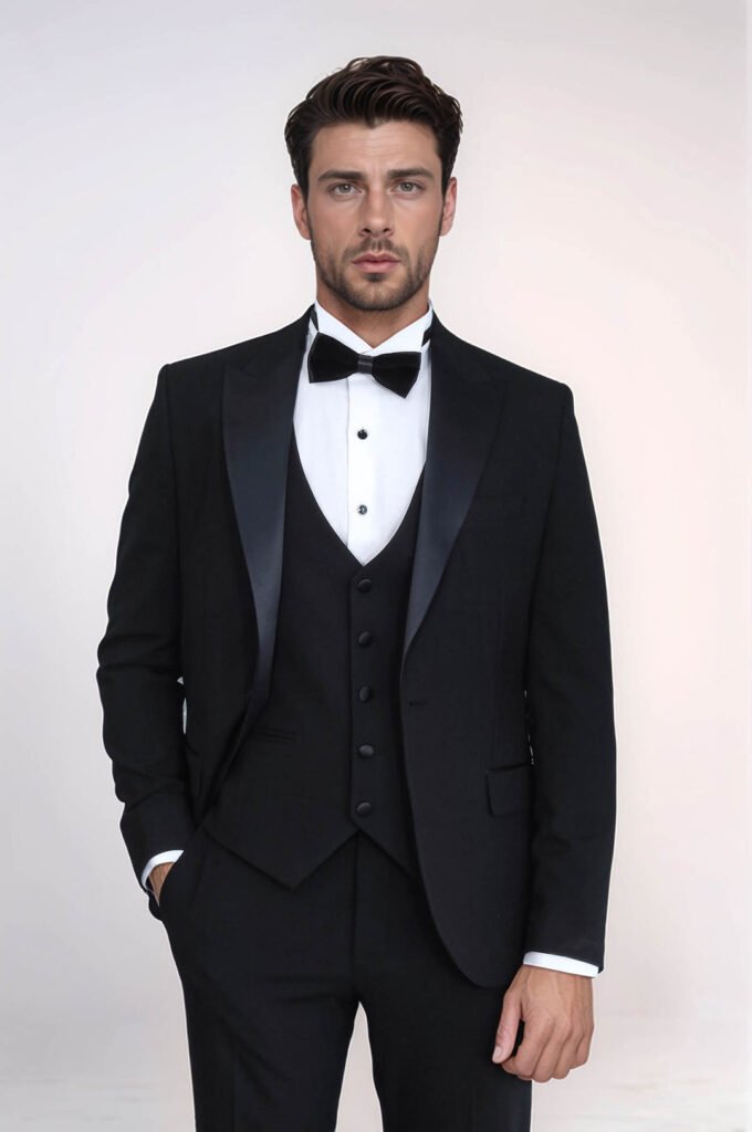 Classic Black Tuxedo Suit with Satin Peak Lapel and Waistcoat