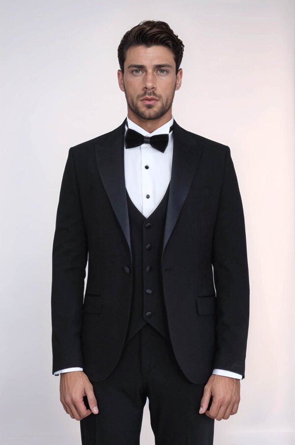 Classic Black Tuxedo Suit with Satin Peak Lapel and Waistcoat