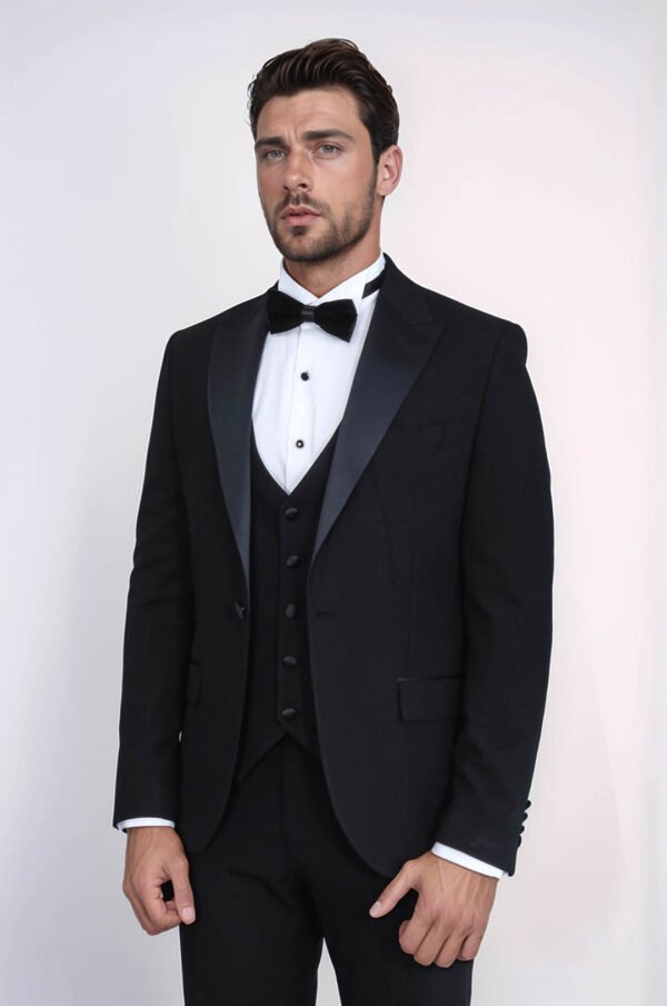 Classic Black Tuxedo Suit with Satin Peak Lapel and Waistcoat