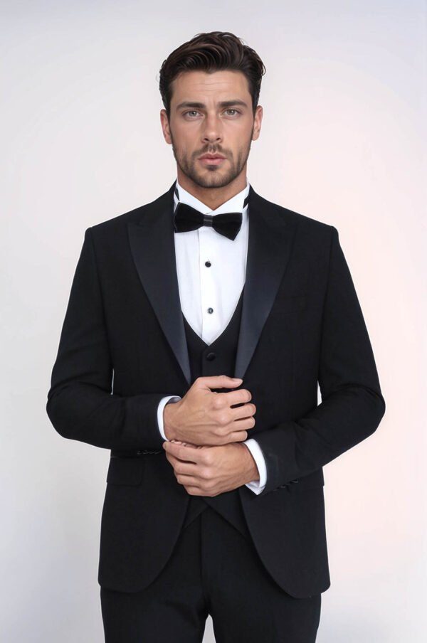 Classic Black Tuxedo Suit with Satin Peak Lapel and Waistcoat