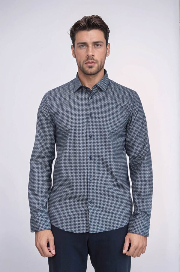 Damask Pattern Slim Fit Long Sleeves Blue Men Shirt