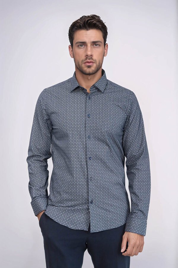Damask Pattern Slim Fit Long Sleeves Blue Men Shirt
