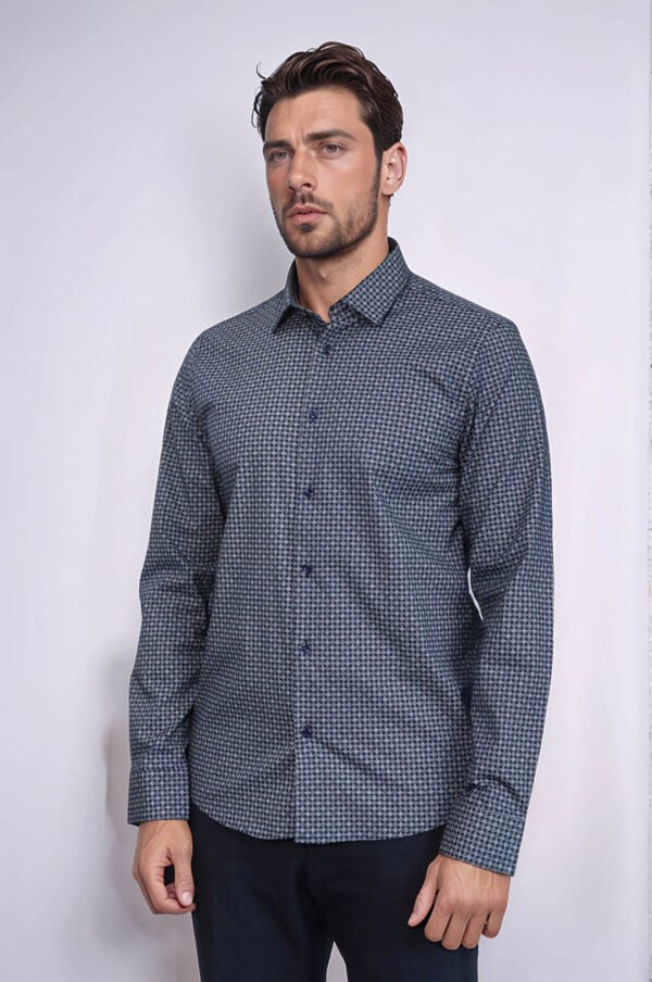 Damask Pattern Slim Fit Long Sleeves Blue Men Shirt