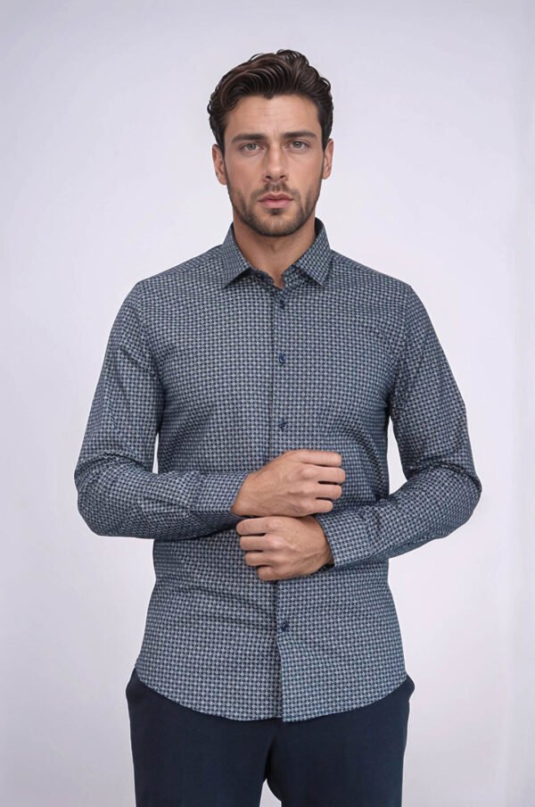 Damask Pattern Slim Fit Long Sleeves Blue Men Shirt