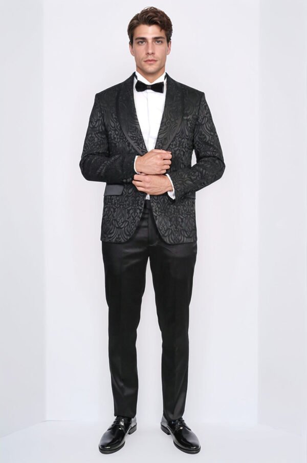 Damask Patterned Shawl Collar Black Tuxedo6
