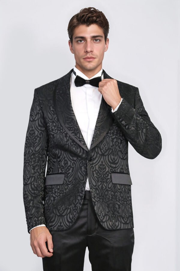 Damask Patterned Shawl Collar Black Tuxedo6