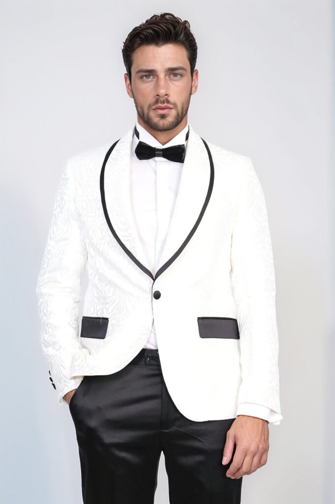 Damask Patterned Shawl Collar White Tuxedo